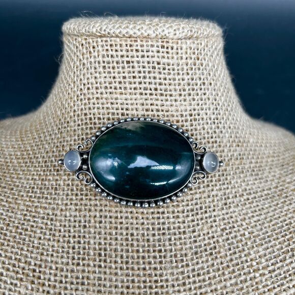 Moss Agate Moon Stone Green Brooch Pin Pendant 2.75” - Picture 2 of 7